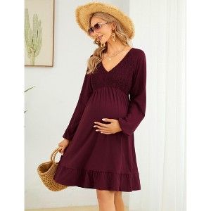 Clearlove Women's Short Sleeve Ruffle Dress V Neck Summer Casual Smocked Flowy Midi Dress for Baby Shower - 1 of 4