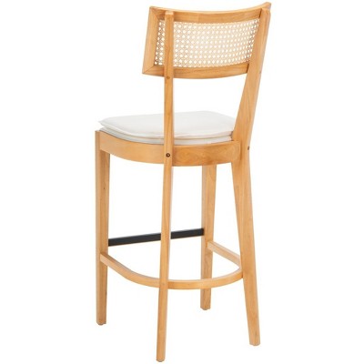 Natural Wood and Rattan Woven Bar Stool with Cushion