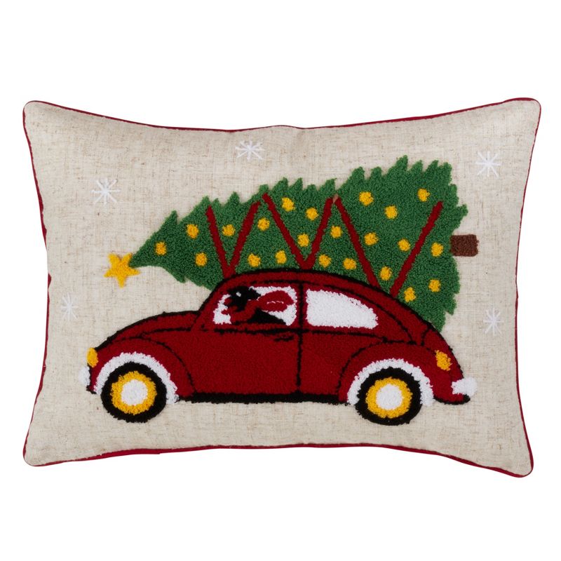 Saro Lifestyle Red Car And Christmas Tree Design Poly Blend Pillow With Down Filling, 14"x20", Multicolored, 1 of 3