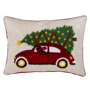 Saro Lifestyle Red Car And Christmas Tree Design Poly Blend Pillow With Down Filling, 14"x20", Multicolored