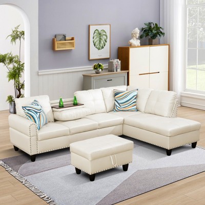 GlasFlength Sectional Sofas with Ottoman, Modern Large Modular Sectional Couch for Living Room, L Shape Upholstered Couch, White Leather, Length 97.5"