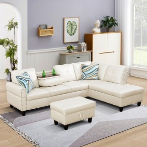 GlasFlength Sectional Sofas with Ottoman, Modern Large Modular Sectional Couch for Living Room, L Shape Upholstered Couch, White Leather, Length 97.5" - 1 of 4