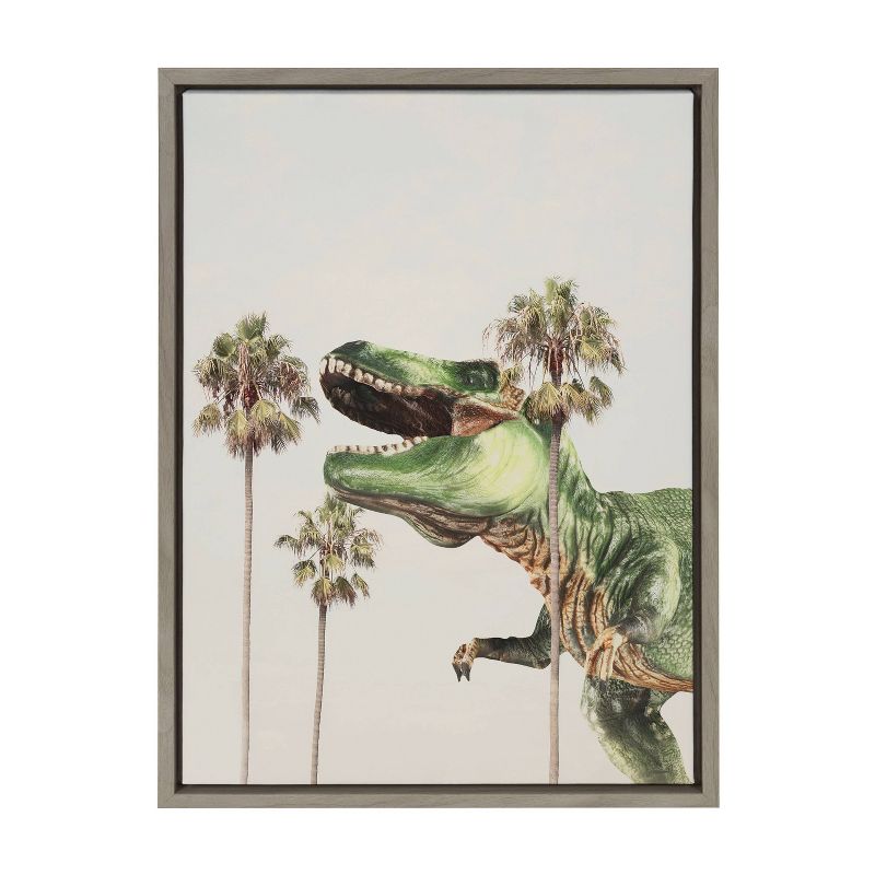 Kate &#38; Laurel All Things Decor 18&#34;x24&#34; Sylvie Dinosaur Framed Canvas Wall Art by July Art Prints Gray Beach Palm Tree Dinosaur, 1 of 6