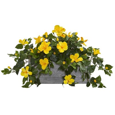 Nearly Natural 18-in Hibiscus Artificial Plant in Stone Planter