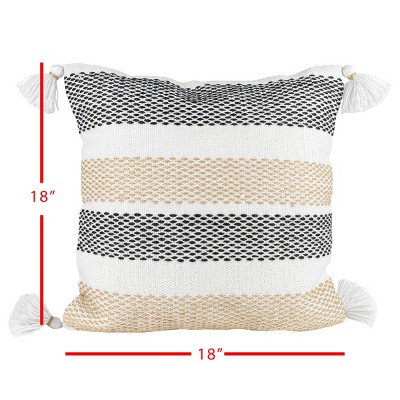 Tan and Black Hand Woven Outdoor Pillow with Tassels
