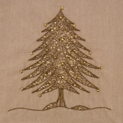 Gold Beaded Christmas Tree Embroidered Square Pillow