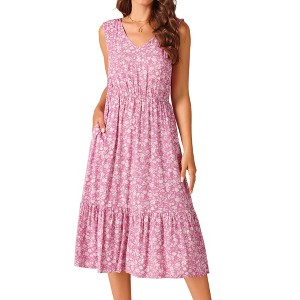 INSPIRE CHIC Women's Summer Boho Beach V Neck Sleeveless Floral Flowy Tiered Midi Dress with Pockets - 1 of 4