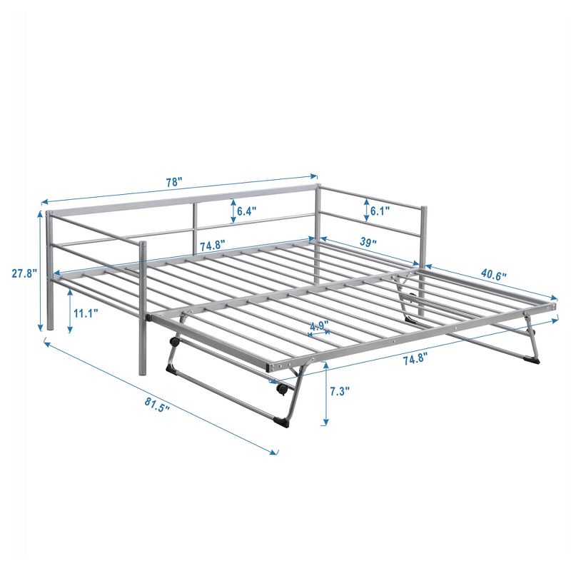 Twin Size Metal Daybed with Adjustable Trundle Bed, Pop Up Trundle-ModernLuxe, 4 of 11