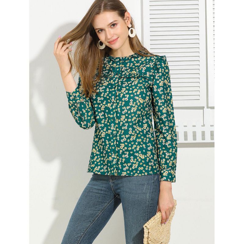 Allegra K St Patrick's Day Boho Daisy Floral Ruffled Neck Button Down Long Sleeve Blouses, 5 of 8