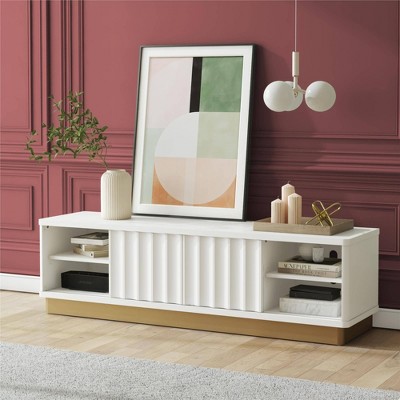 Glossy White and Golden Bronze Modern TV Stand with Cabinet