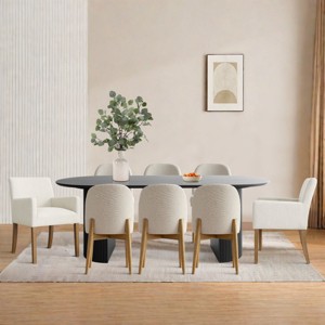 9-Piece Dining Set, Oval Table with 6 Armless Linen Fabric Dining Room Chair and 2 Armrest Captain's Chair with Solid Wood Legs - Maison Boucle - 1 of 4