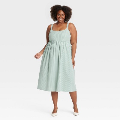 Women's Midi Empire Waist Dress - Ava & Viv™ Green Pinstripe XXL