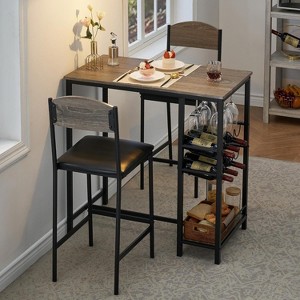 Industrial Bar Set for 2: Counter Table w/ Built-In Wine Rack, Glass Holder & 3-Piece Storage Dining Group w/Shelf for Small Spaces - 1 of 4