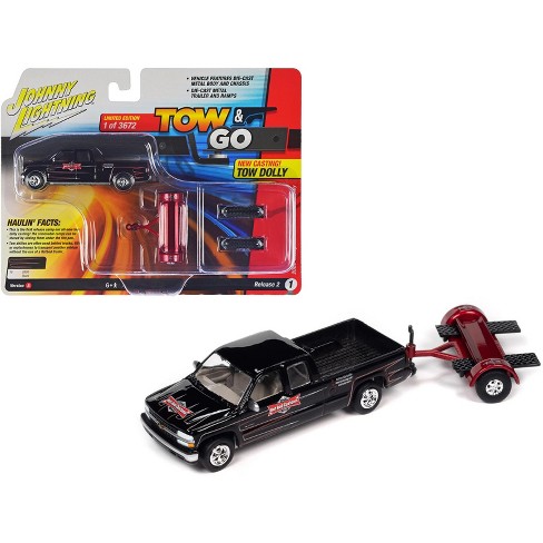 2002 Chevrolet Silverado Truck Black w/Graphics & Tow Dolly Red Ltd Ed to  3672 pcs 1/64 Diecast Model Car by Johnny Lightning