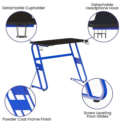 Sleek Blue and Black Ergonomic Gaming Desk with Cup Holder and Headphone Hook
