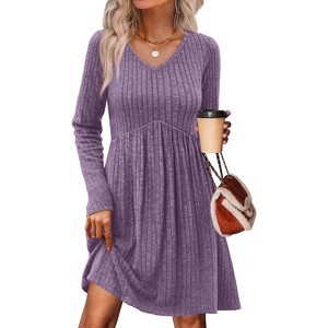 Long Sleeve V-Neck Sweater Dress 2025, Women's Empire Waist Babydoll Fall Dress with Pockets Purple - 1 of 4