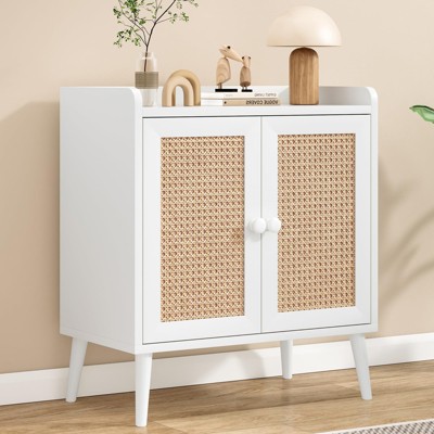 FURNIinspire Utility Storage Cabinets Multifunctional Storage Cabinet With Rattan Door, Sideboard Buffet Cabinet With Storage, White, 15"*26.4"*30"