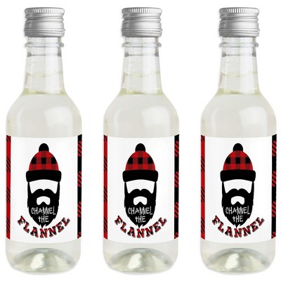 Big Dot of Happiness Lumberjack - Channel the Flannel - Mini Wine and Champagne Bottle Label Stickers - Buffalo Plaid Party Favor Gift - Set of 16