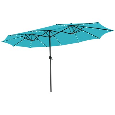 Tangkula 15FT Twin Patio Double-Sided Umbrella 48 Solar LED Lights Crank Outdoor Turquoise