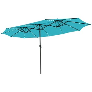 Tangkula 15FT Twin Patio Double-Sided Umbrella 48 Solar LED Lights Crank Outdoor Turquoise - 1 of 4