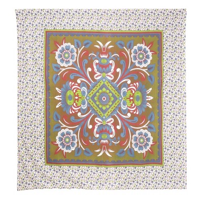 HomeRoots 88" X 84" Green Red And White Floral Cotton Hanging Tapestry