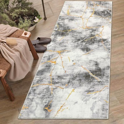 Washable Runner Rug, Non-Slip Modern Kitchen Carpet, Abstract Low Pile Stain Resistant Indoor Rug for Bedroom Hallway Laundry
