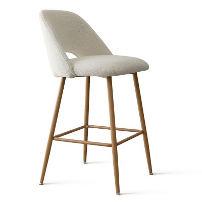 Beige Boucle Upholstered Counter Stools with Oak Metal Legs, Set of 2