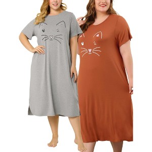 Agnes Orinda Women's Plus Size Cute Cat Print Short Sleeve with Pockets Nightgowns - 1 of 4