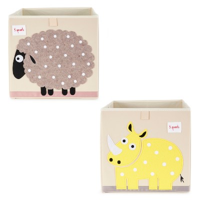 3 Sprouts Large 13 Inch Square Children's Foldable Fabric Storage Cube Organizer Box Soft Toy Bin, Yellow rhino and Polka Dot Sheep (2 Pack)