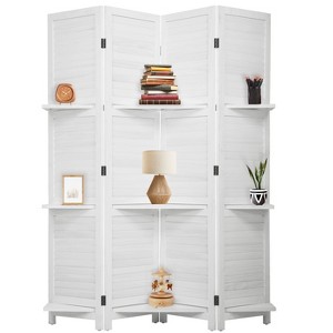 FDW Room Divider 4 Panel Folding Privacy Wooden Screen with 3 Clever Shelves Portable Partition for Home Office or Living Room - 1 of 4