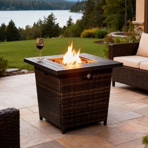 28" Propane Gas Fire Pit Table, 50000 BTU Square Steel Fire Pit with Beautiful Wicker Base for Outside Patio Deck Garden Backyard-Black - 1 of 4