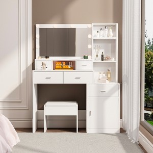 YONWAY 3 in 1 Vanity Desk with Plip Top Mirror, 3 Drawers & Cushion Stool Vanity Table Set, for Bedroom - 1 of 4