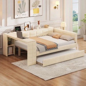 CAVINAS Linen Upholstered Platform Bed Frame with Storage Shelves & Drawers, Charging Station Beds with Headboards, Pine Wood Bed Frame for Bedroom - 1 of 4