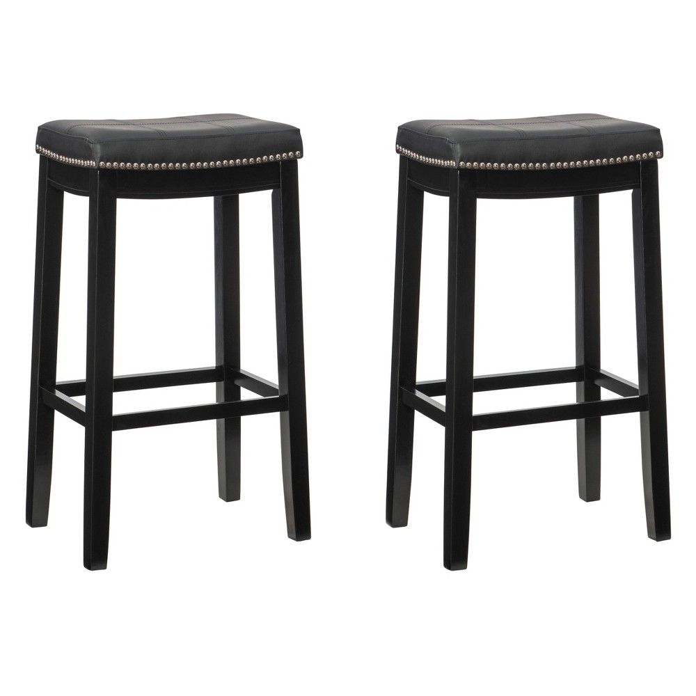 Photos - Chair Linon Set of 2 Claridge Faux Leather Nailhead Saddle Stools 32" - : Rubberwood Frame, Footrest 