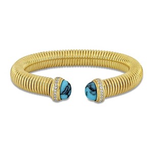 EVERLY JEWELRY | Yellow Plated Sterling Silver 0.20 CT TGW Cubic Zirconia and Compressed Turquoise rounded omega Bangle - 1 of 4