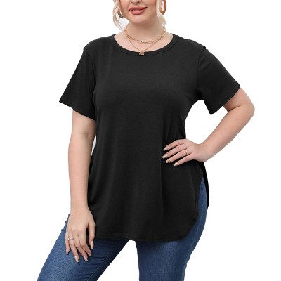 Womens Plus Size Summer Side Slit T-Shirts Round Neck  Basic Tops Plus Size Short Sleeve Casual Tops Comfy Loose Fit Athletic T Shirt