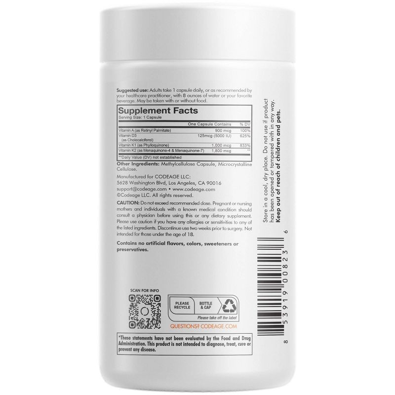 Codeage Vitamin ADK Capsules with Vitamin A, D3 5000 IU and K1 &#38; K2 (MK4 &#38; MK7) - 180ct, 3 of 13