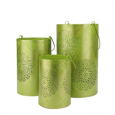 Northlight Set of 3 Green and Gold Decorative Floral Cut-Out Pillar Candle Lanterns 10"