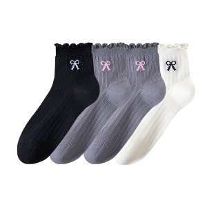 Anna-Kaci Women's 4-Pair Pack Sheer Ribbed Ankle Socks with Ruffled Trim and Embroidered Bow Detail in Multiple Color Combinations - 1 of 4