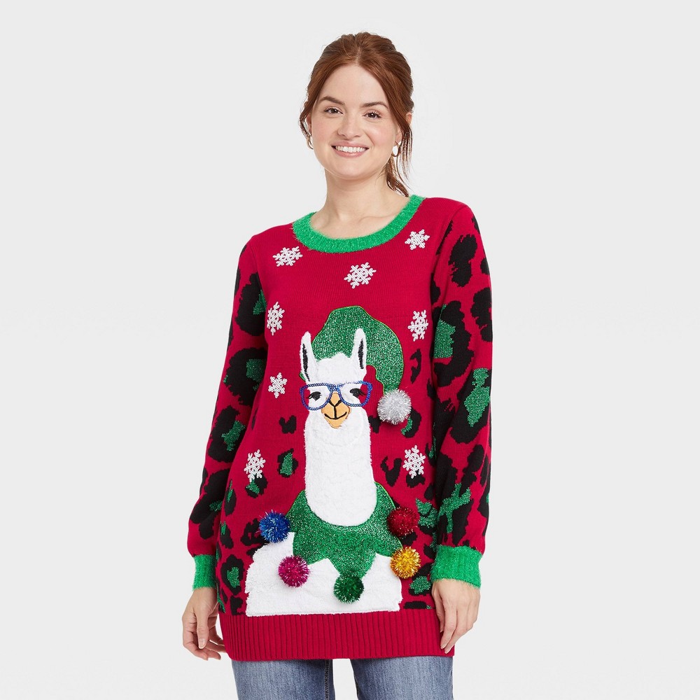 Women's Holiday Llama Graphic Sweater - Red Leopard Print XS