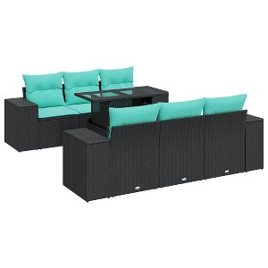 vidaXL Patio Sofa Set with Cushions Table and Sofas 7 Piece Poly Rattan Acacia - Black - 1 of 4