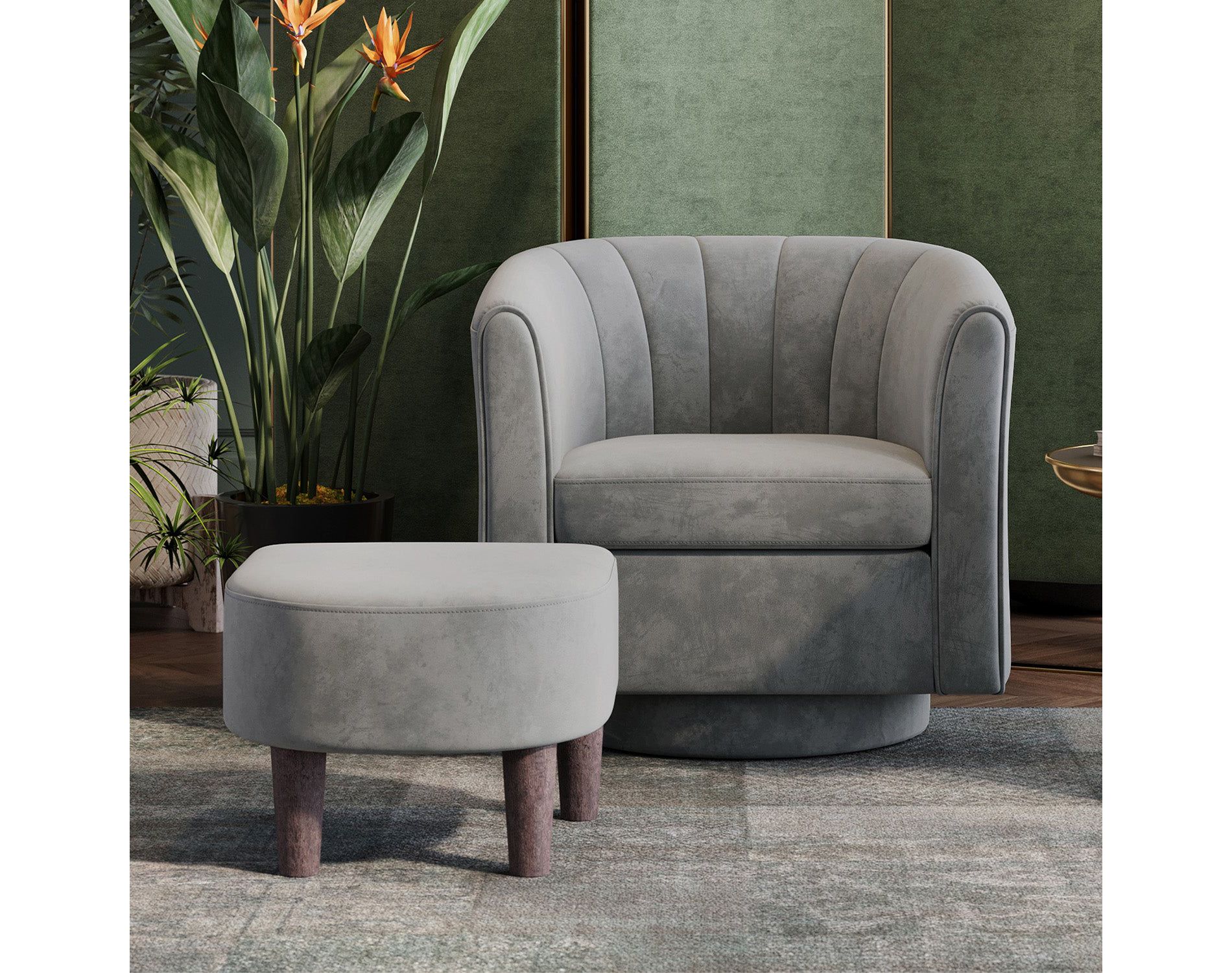 Compact Swivel Accent Chair with Ottoman, Small-Space Velvet Barrel Chair for Living Room Light Gray 25.6'' D x 27.4'' W x 26'' H