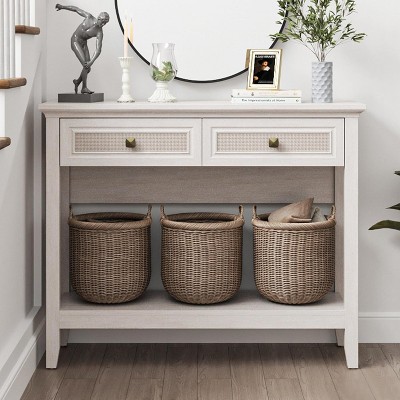 Heynemo Rattan Console Table with Widened Tabletop & 2 Drawers, Sofa Table with Storage Shelf, for Living Room, Hallway, Entrywayish