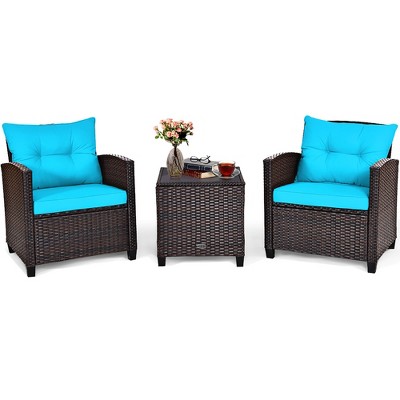 Turquoise Cushioned Rattan 3-Piece Patio Conversation Set