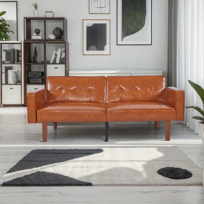 DOMETOUR Modern Sofa for Living Room Bedroom, PU Leather Backrest Can Be Flattened Convertible Sofa Bed