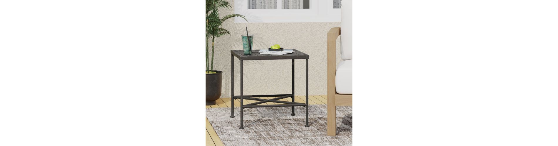 Lyngins Modern Powder Coated Iron Outdoor End Table, Black Brush Silver Finish Patio Side Table, Square Outdoor Side Table