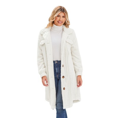 Women's Ivory Faux Fur Front Button Trench Coat - Cupshe