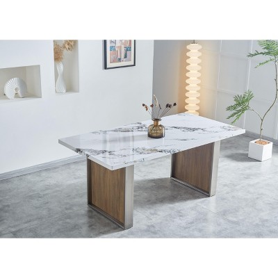 NicBex Dining Table 70.8" Marble MDF Rectangular Dining Table for 6 or 8 with Stainless Steel Legs for Dining room