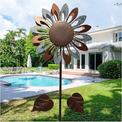 Cyan Oasis Yard Garden Wind Spinners - Large Outdoor Wind Spinners with Metal Stake Copper Sun Flower(20" W x 73" H)