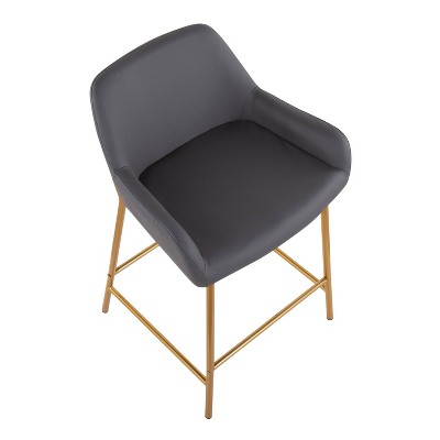Set of 2 Gold Metal and Gray Faux Leather Counter Stools